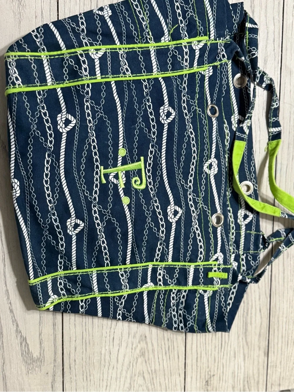 thirty-one Navy Blue and Lime Green Chain Print Tote XL size